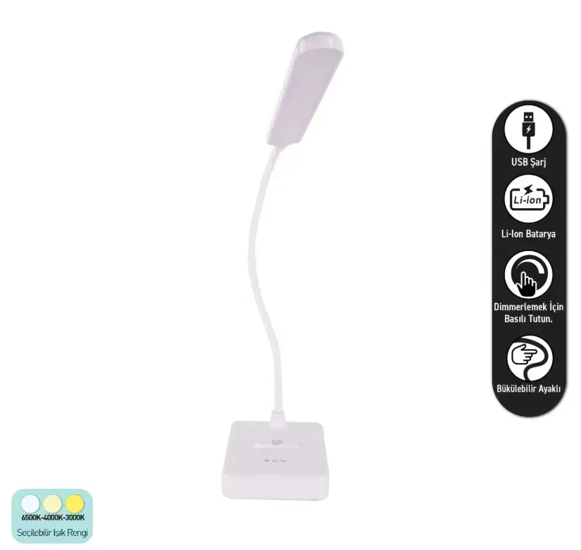 ACK AF11-10016 Led Masa Lambası Şarjlı Dimli Dokunmatik Beyaz Kasa