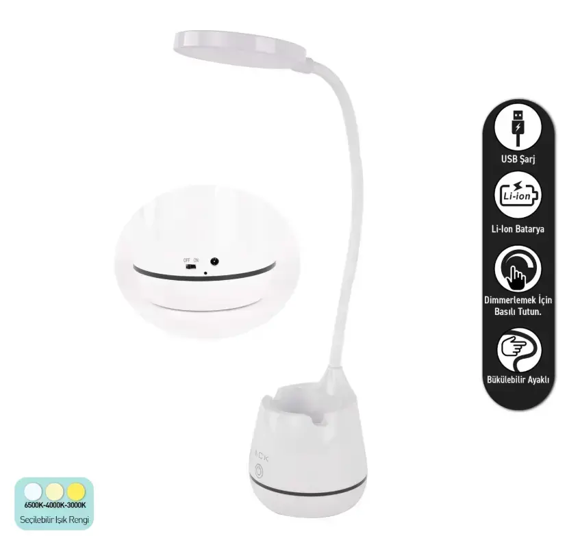 ACK AF11-10014 Led Masa Lambası Şarjlı Dimli Dokunmatik Beyaz Kasa