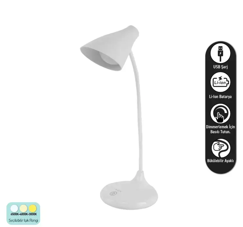 ACK AF11-10013 Led Masa Lambası Şarjlı Dimli Dokunmatik Beyaz Kasa
