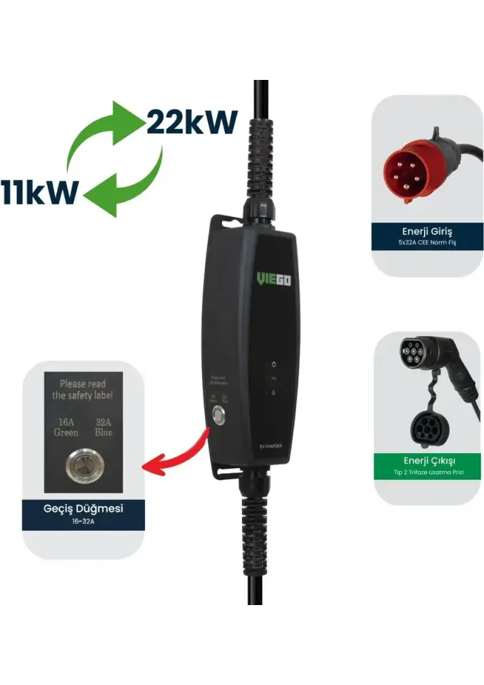 Viego Taşınabilir Elektrikli Araç Trifaze Şarj Cihazı 11/22KW Ilave Ev Prizi Dönüştürücülü