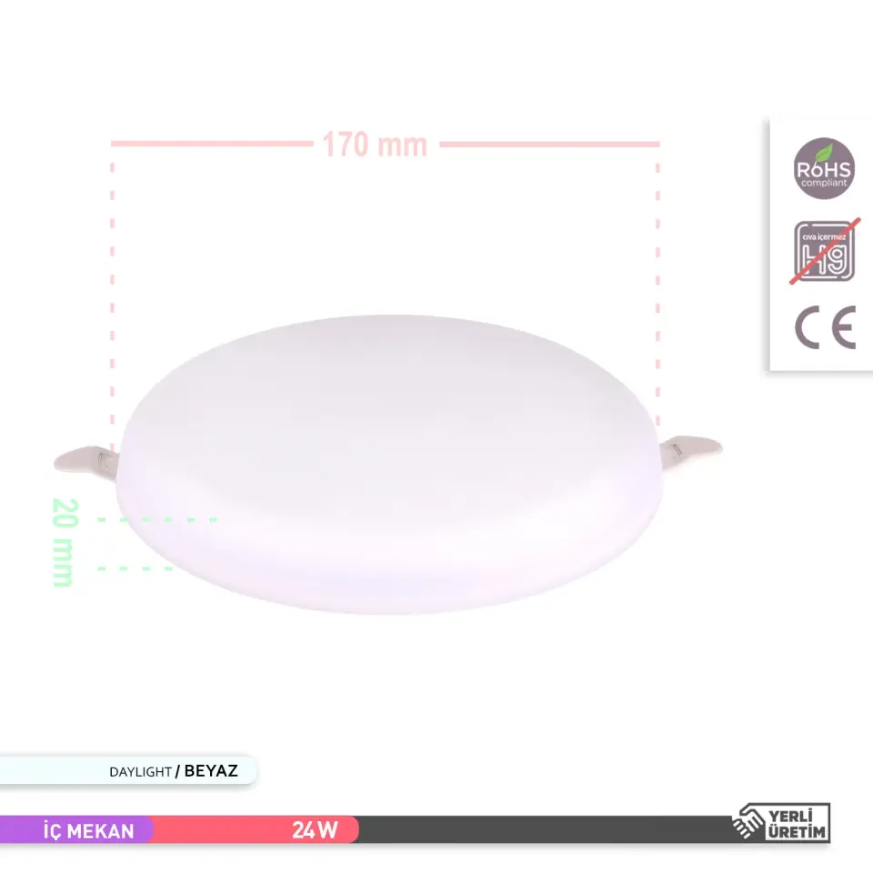 ACK AP10-02430 24W Çerçevesiz Yuvarlak Led Spot Panel Armatür 6500K Beyaz Ayarlanabilir