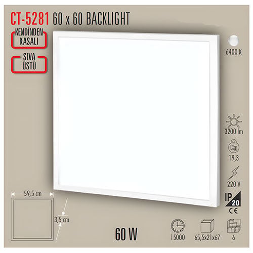 CATA CT-5281 Kendinden Kasalı 60x60 Sıvaüstü Backlight Panel 6500K Beyaz Işık