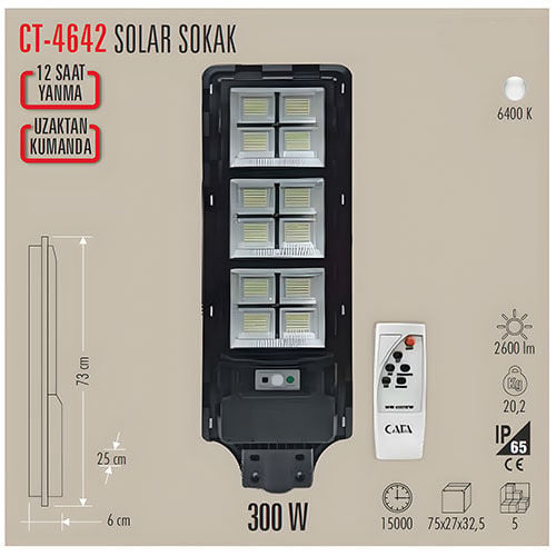 Cata CT-4642 300w Led Solar Sokak Armatürü 6400K Beyaz Işık Sensörlü (Kumandalı)