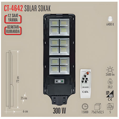 Cata CT-4642 300w Led Solar Sokak Armatürü 6400K Beyaz Işık Sensörlü (Kumandalı)