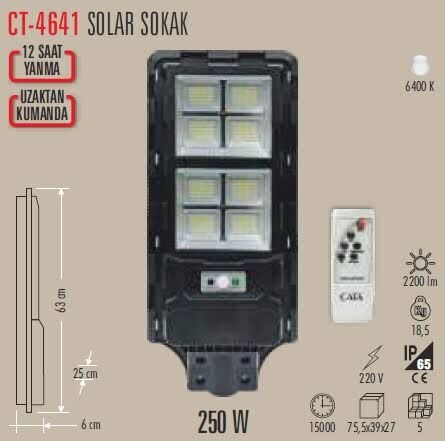 Cata CT-4641 250w Solar Sokak Armatürü 6500K Beyaz Işık Sensörlü(Kumandalı)