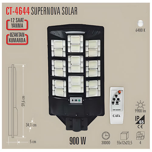 Cata CT-4644 900w Süpernova Solar Led Sokak Projektör (Kumandalı)