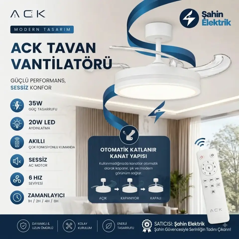 ACK AF51-00190 LED Tavan Fanı Beyaz CCT 24W 42ınc(106cm) Dim Edilebilir Uzaktan Kumandalı