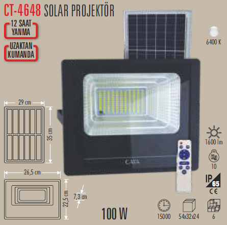 Cata CT-4648 100w Solar Led Sokak Projektör (Beyaz Işık)