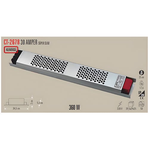 Cata CT-2678 30 Amper Şerit Led Trafosu 360W Süper Slim Fansız