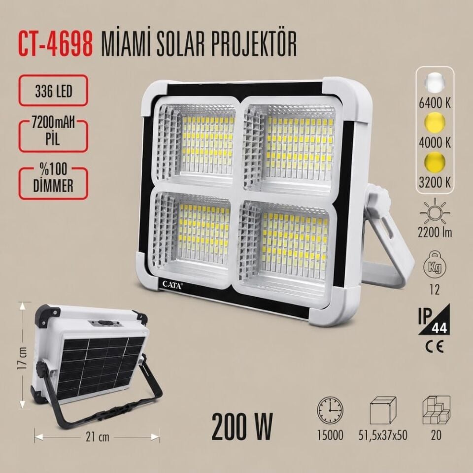 Cata CT-4698 200W Miami Solar Led Projektör Taşınabilir