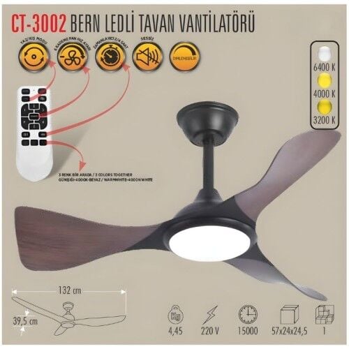 Cata CT-3002 Bern Ledli Tavan Vantilatörü 3 Renkli Işık