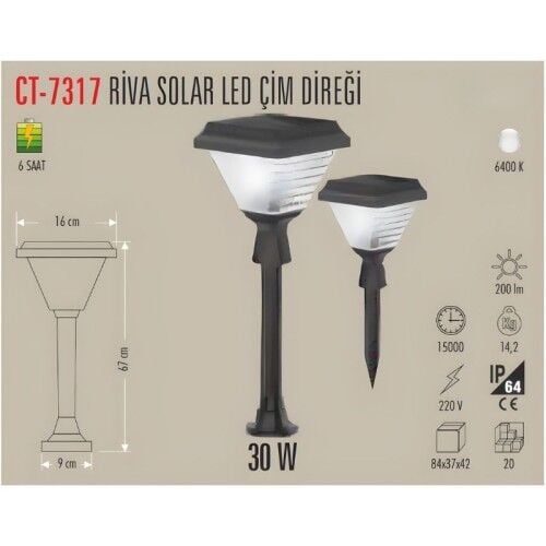 Cata CT-7317 5w Solar Bahçe Armatürü Beyaz Işık