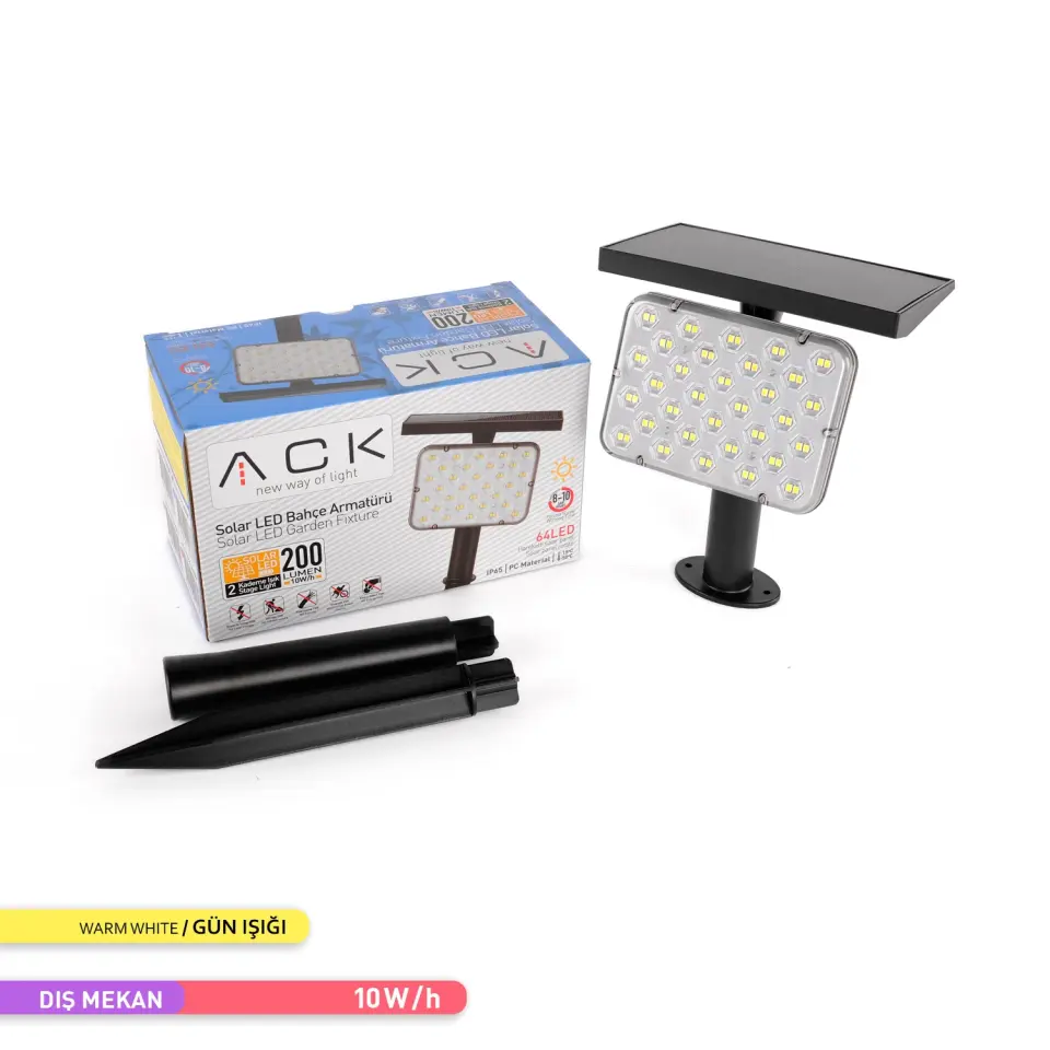 ACK AG60-01801 10W SOLAR 3000K Kazıklı Bahçe Aydınlatma Armatür 32 LED Çipli IP65 Beyaz