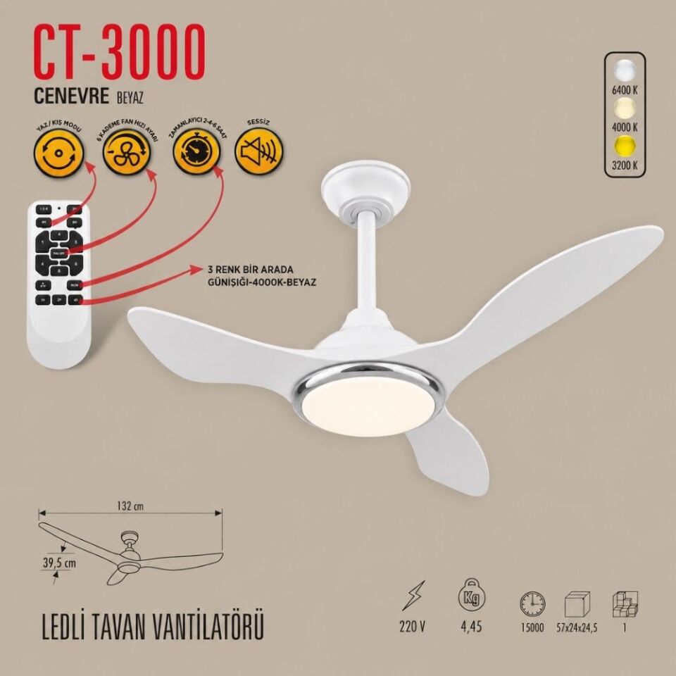 Cata CT-3000 Cenevre Ledli Tavan Vantilatörü 3 Renkli Işık