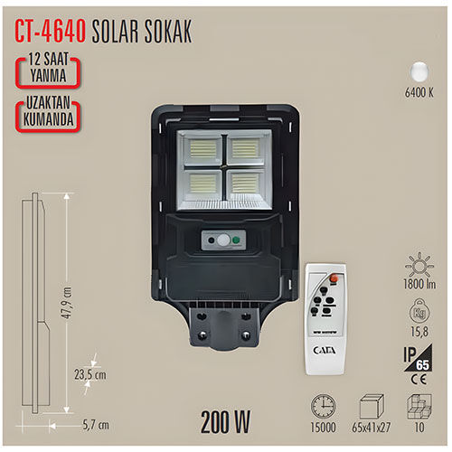 Cata CT-4640 200w Solar Güneş Enerjili Sokak Armatürü 6400K Beyaz Işık Sensörlü (Kumandalı)