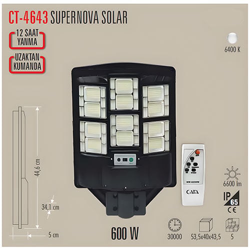 Cata CT-4643 600W Süpernova Solar Led Sokak Projektör Kumandalı