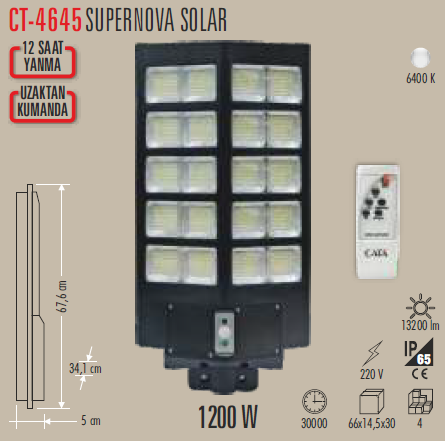 Cata 1200w Süpernova Solar Led Sokak Projektör (Kumandalı) CT-4645